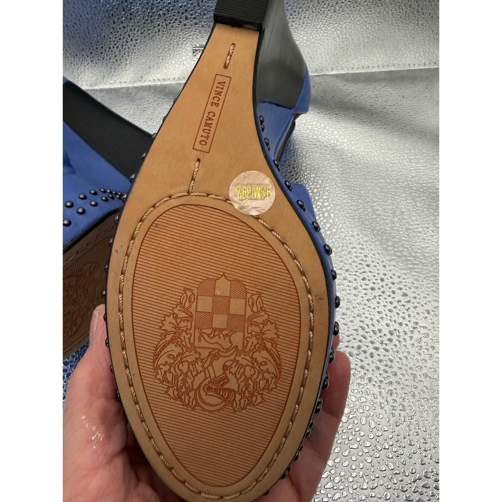 Vince Camuto Waylin Blue Leather Studded Platform Wedge Sandals Womens 9.5 M